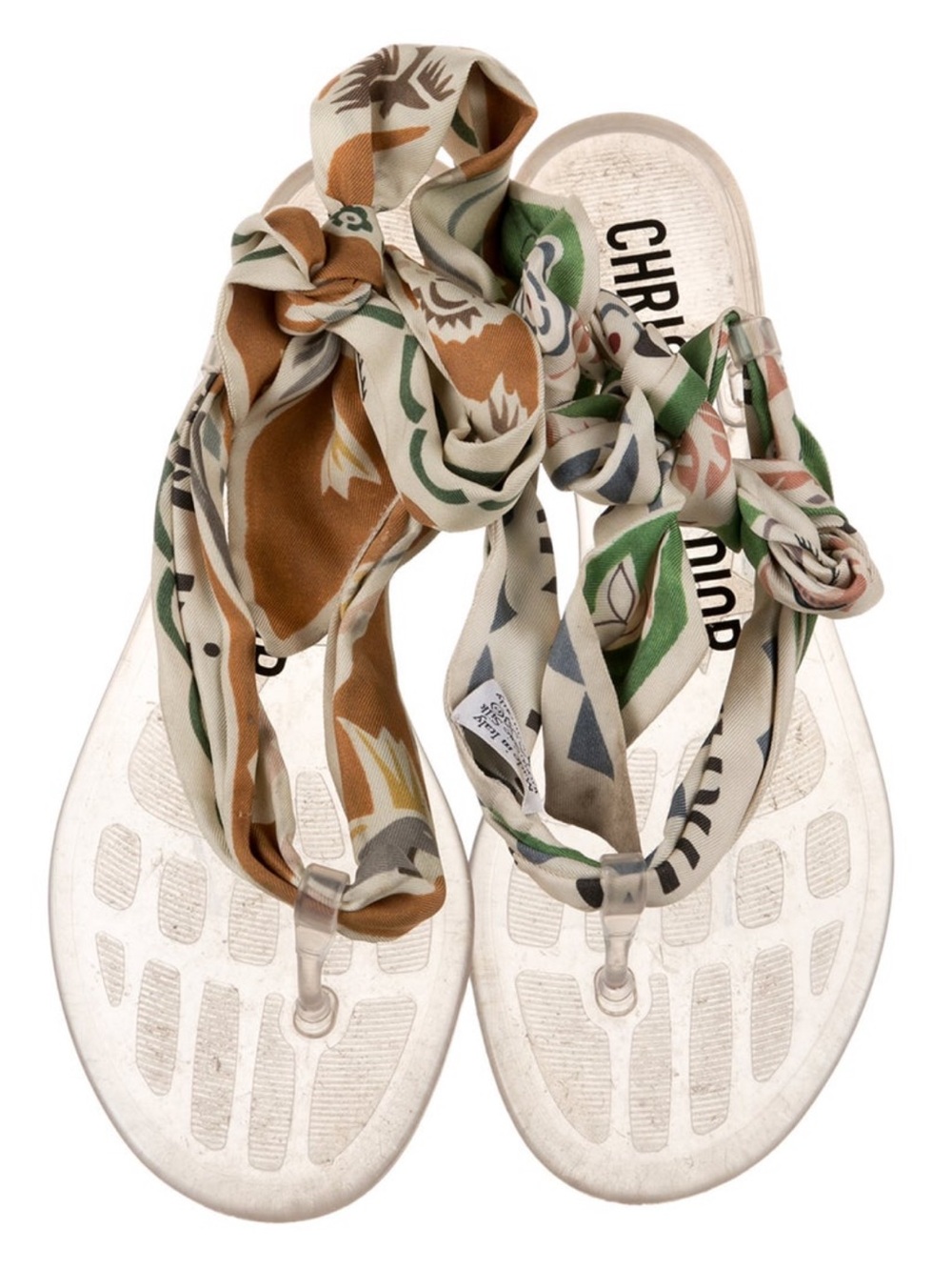 Dior Cream Sandals with Green and Brown Patterned Scarf Straps
